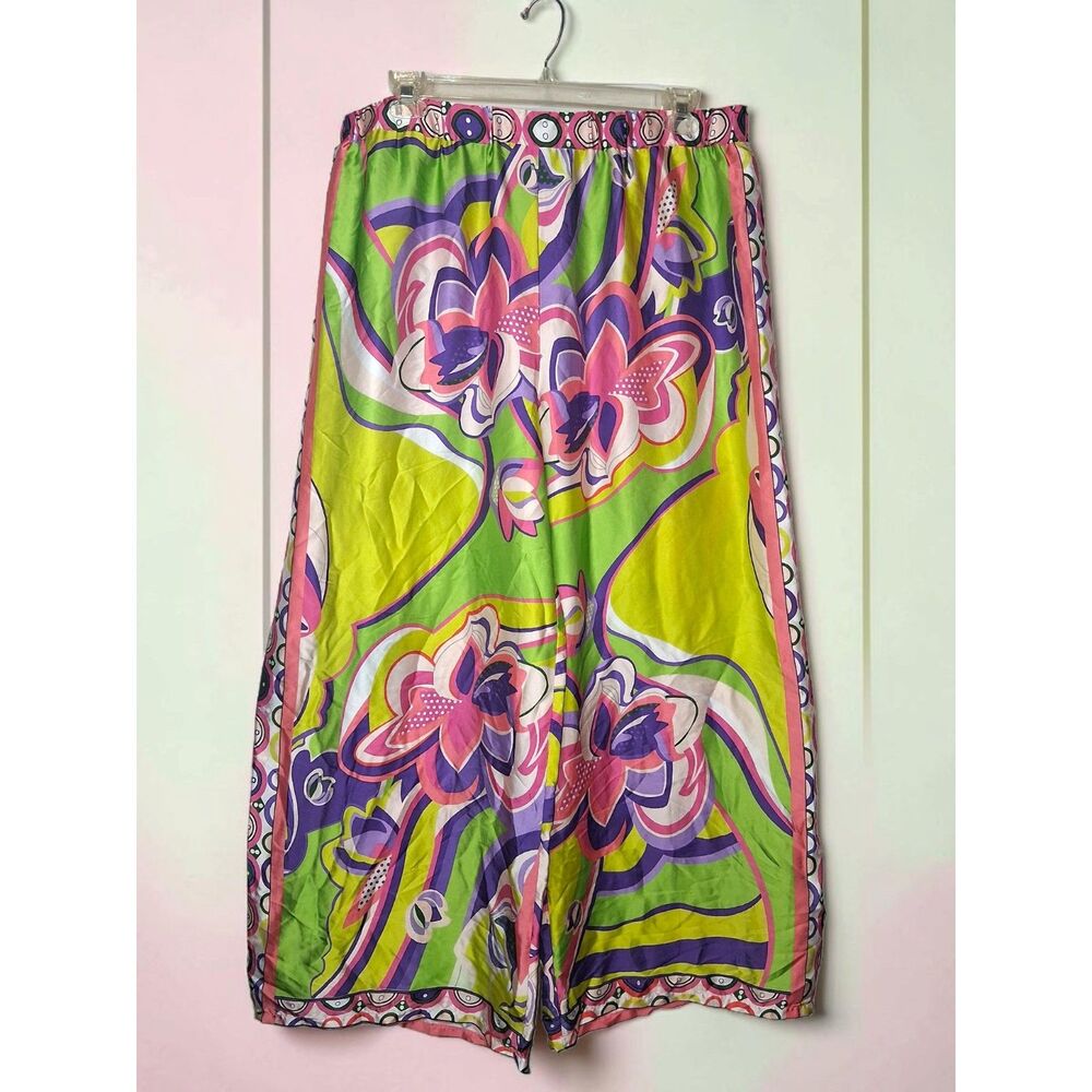 Love 83 Women's Plus 3X Wide Leg Pants- Floral Paisley Green Pink Purple